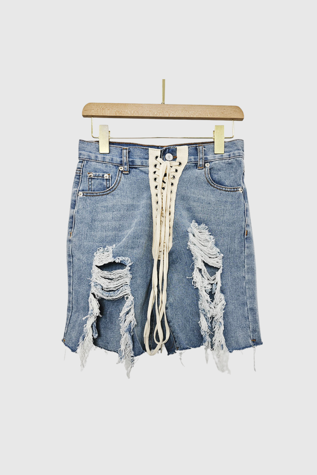 Kace Lace Up Fringe Torn Short Jeans