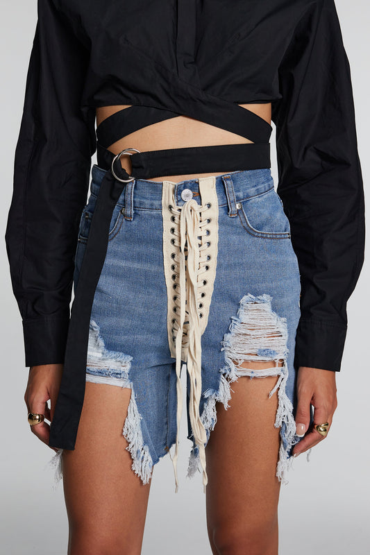 Kace Lace Up Fringe Torn Short Jeans