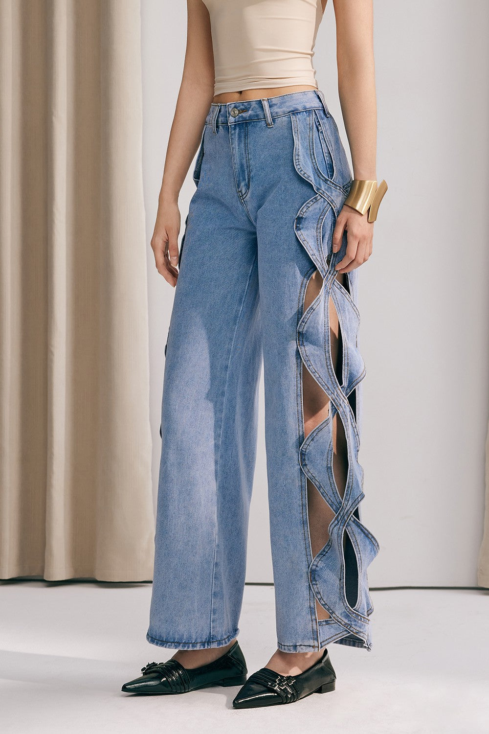 Hanne Hollow Weave Wide Leg Jeans In Blue