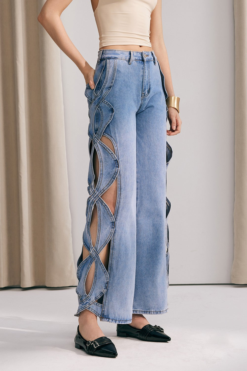 Hanne Hollow Weave Wide Leg Jeans In Blue