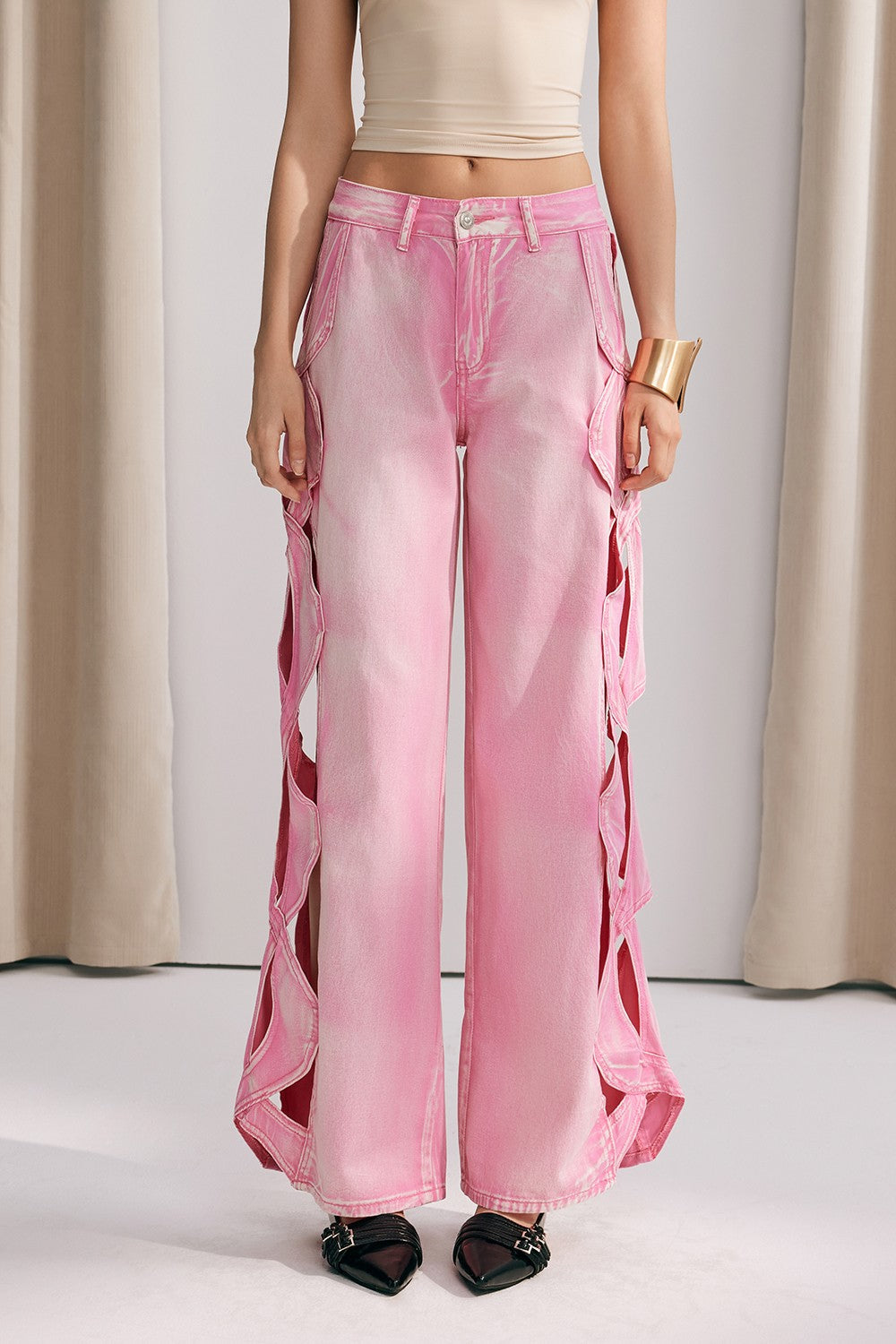 Hanne Hollow Weave Wide Leg Jeans In Pink