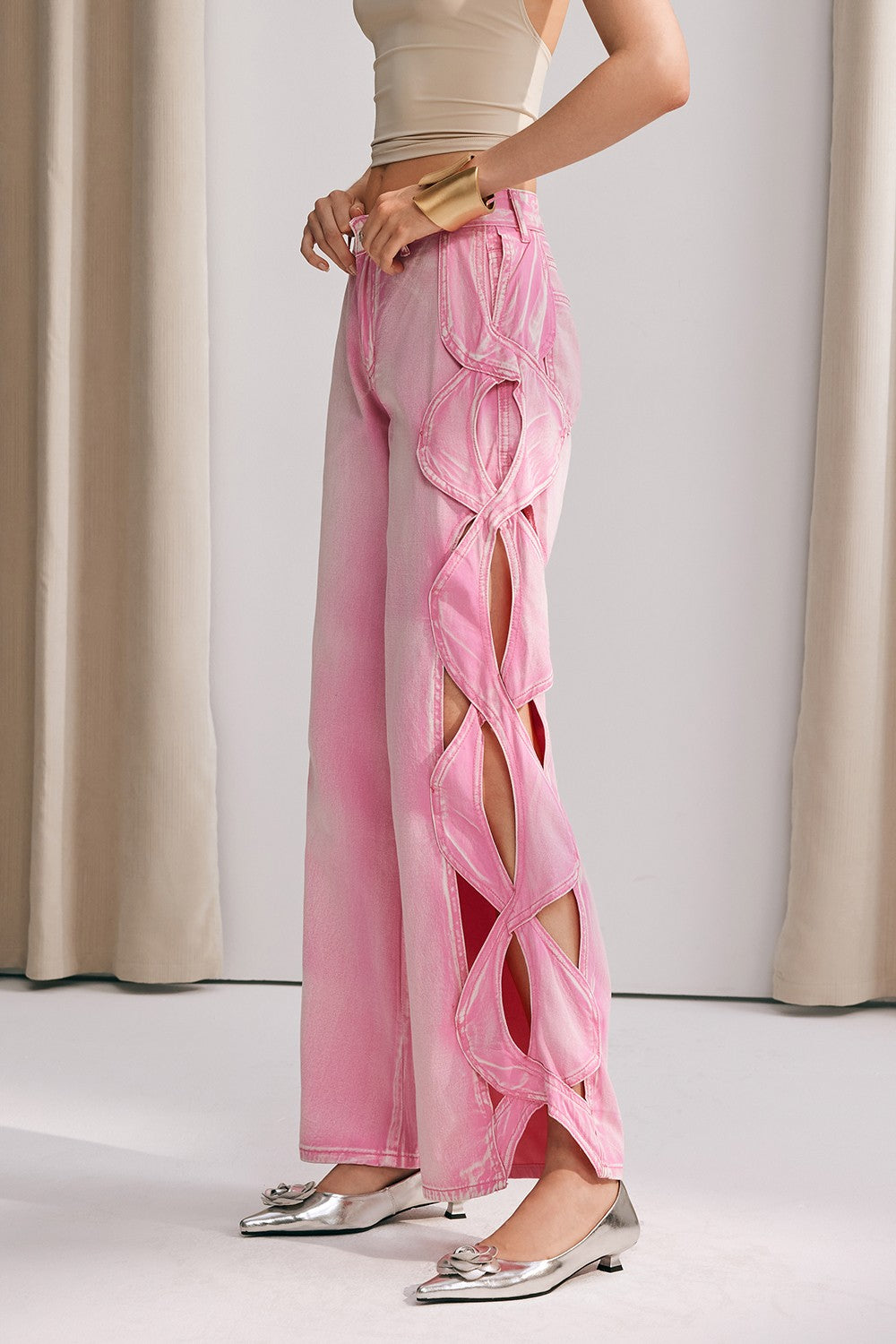 Hanne Hollow Weave Wide Leg Jeans In Pink