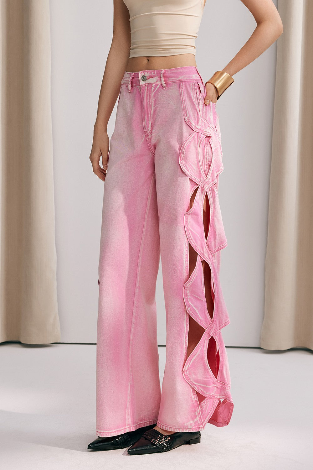 Hanne Hollow Weave Wide Leg Jeans In Pink