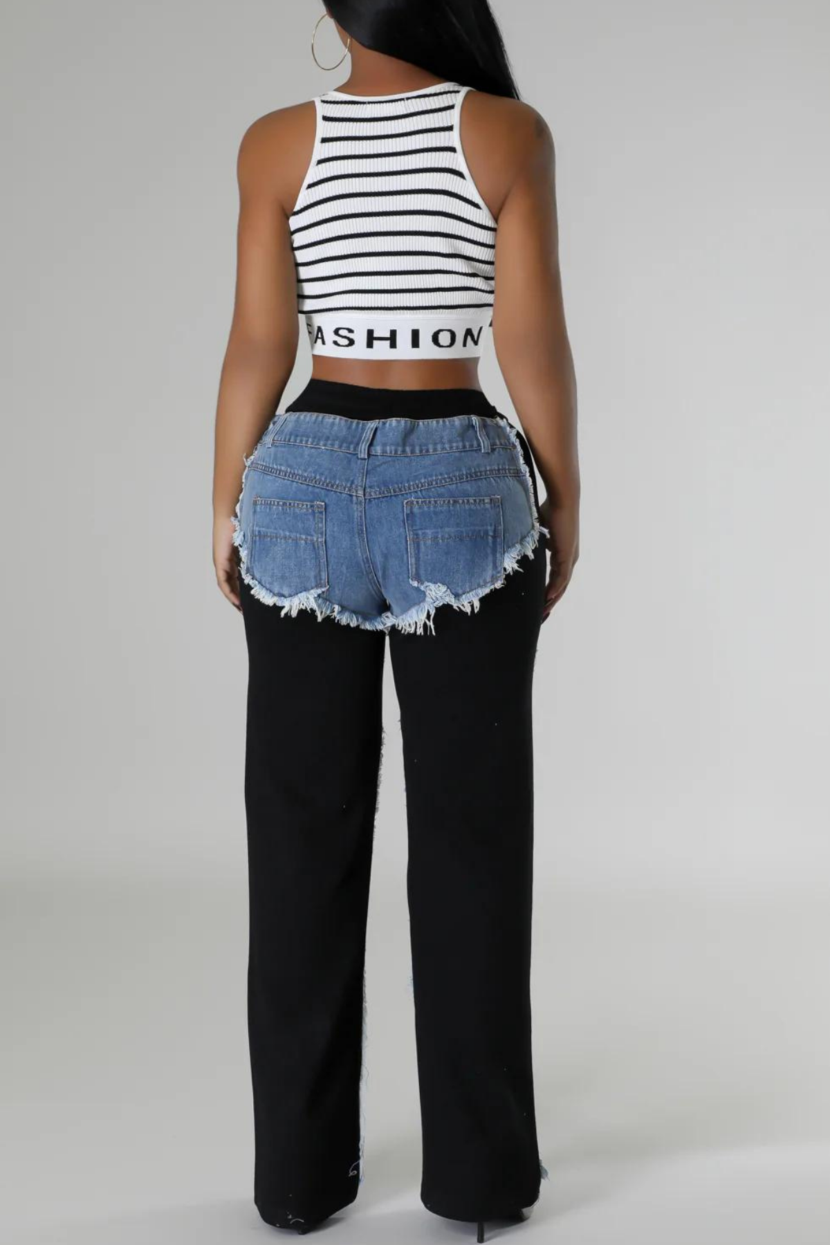 Pamela Patchwork Fringe Drawstring Jeans In Black