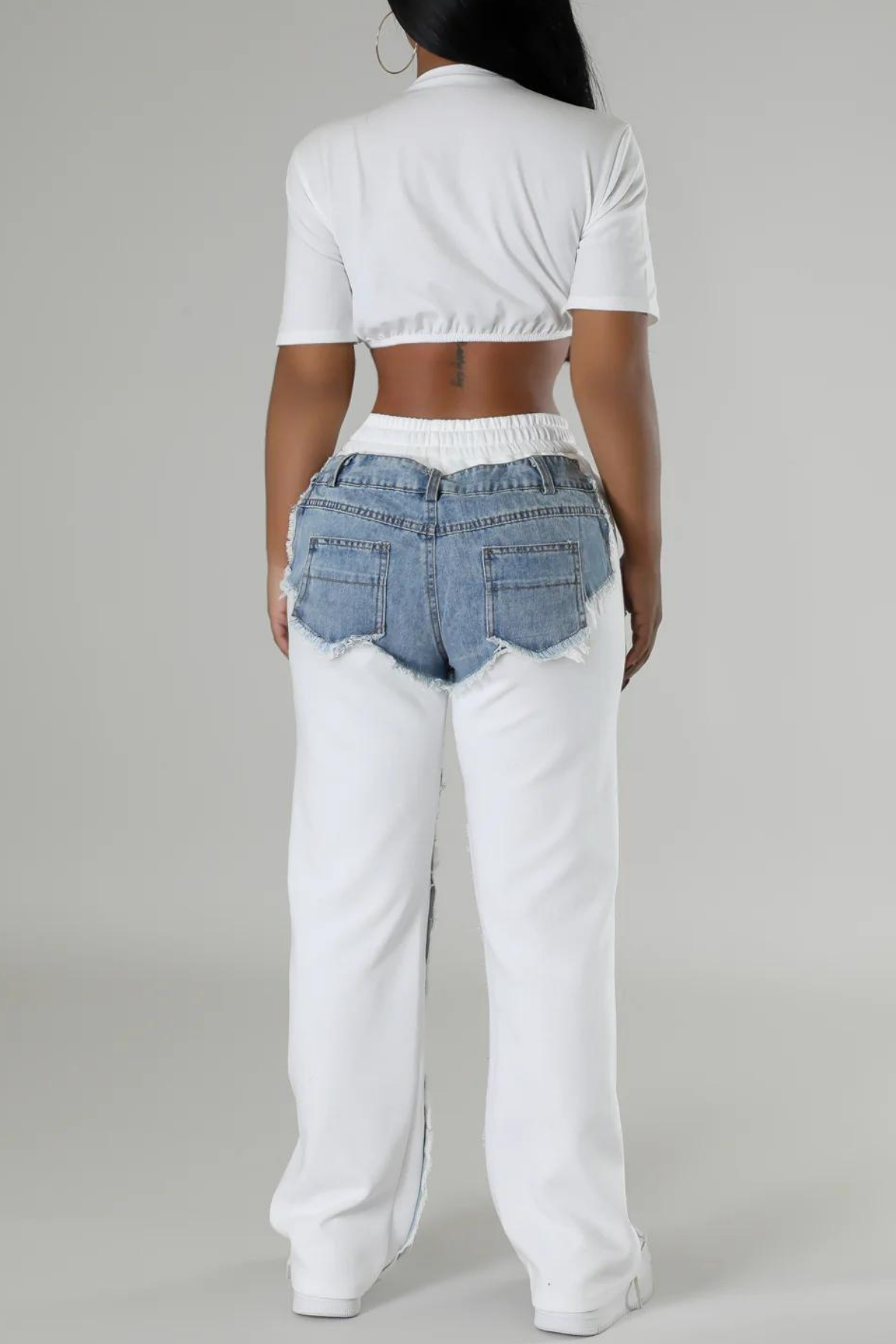 Pamela Patchwork Fringe Drawstring Jeans In White