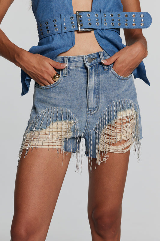 Venice Torn Rhinestone Fringe Short Jeans
