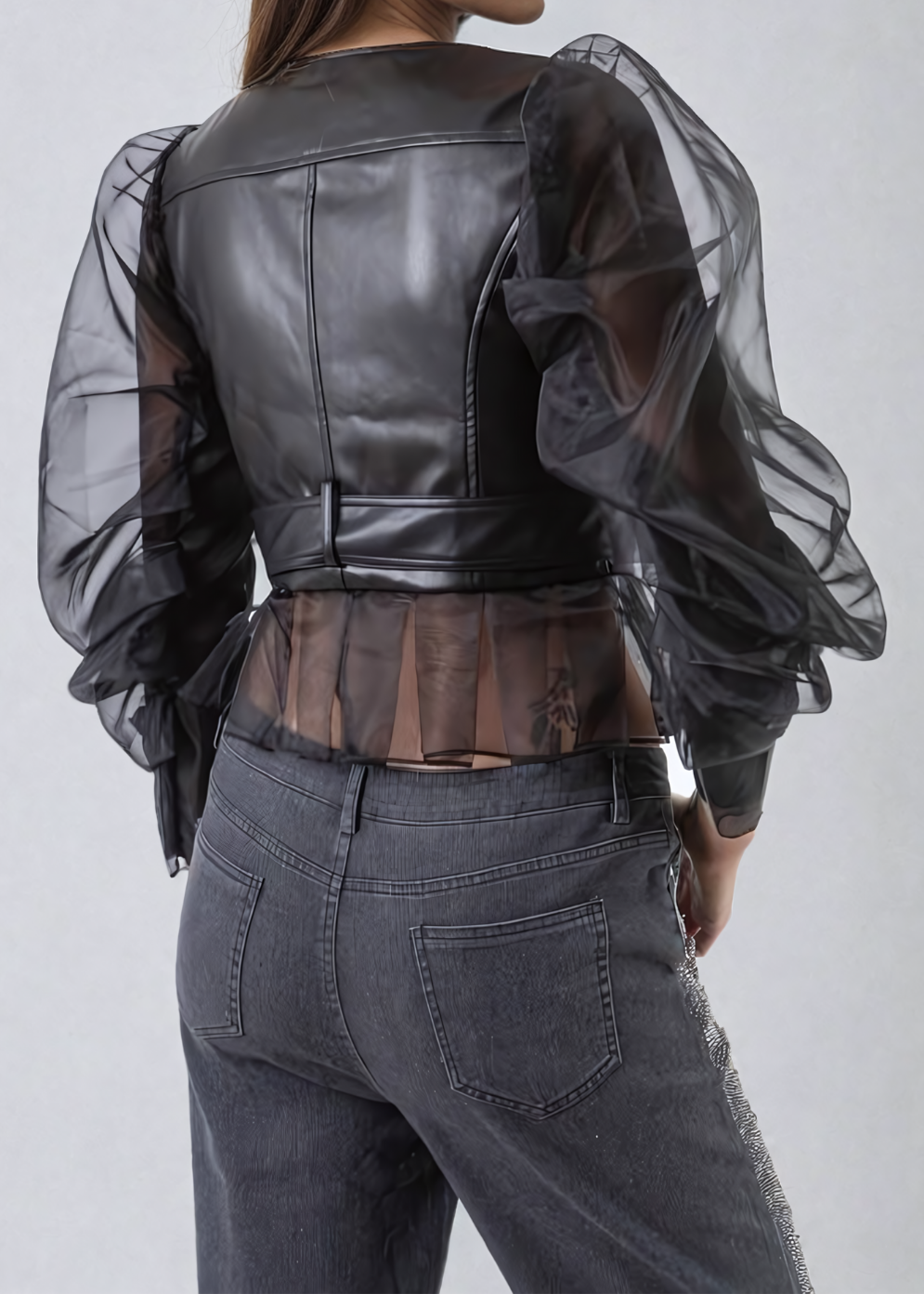 Yamini Mesh Deconstruct Buckle Leather Jacket