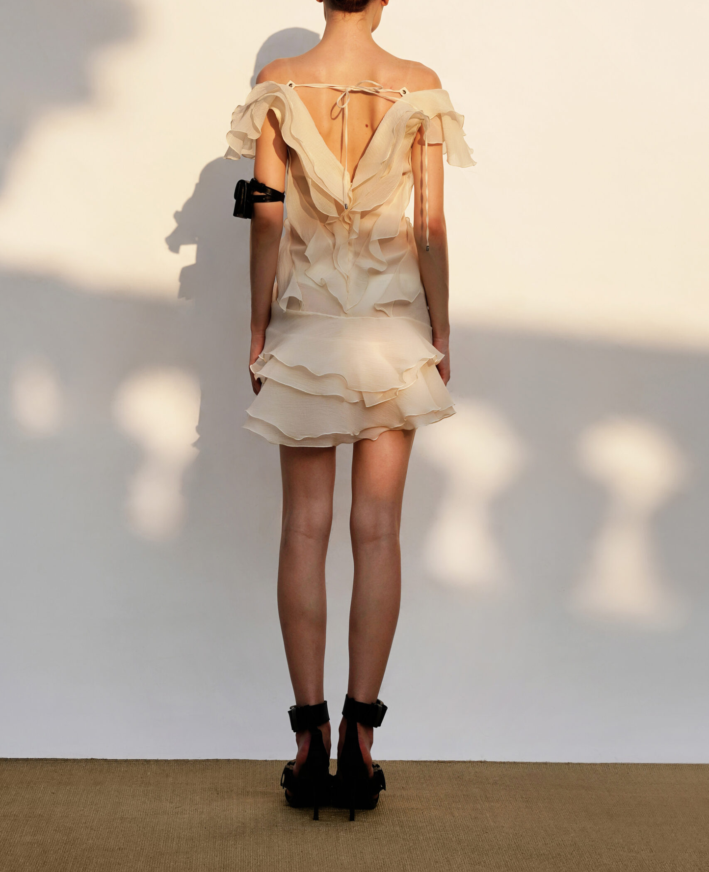 Regan V Neck Ruffle Asymmetric Mini Dress In Apricot
