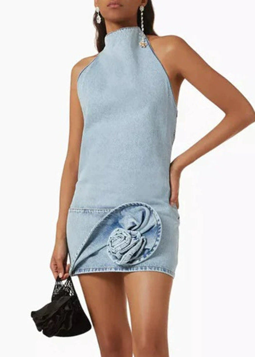 Baishan Flower Backless Denim Mini Dress