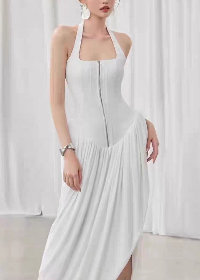 Eliodoro Halter Neck Asymmetric Ruch Maxi Dress