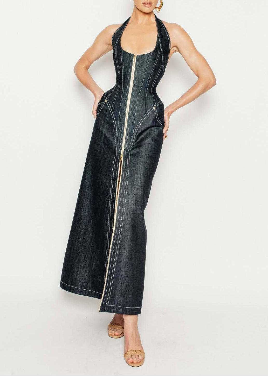 Claritia Halter Neck Corset Denim Maxi Dress