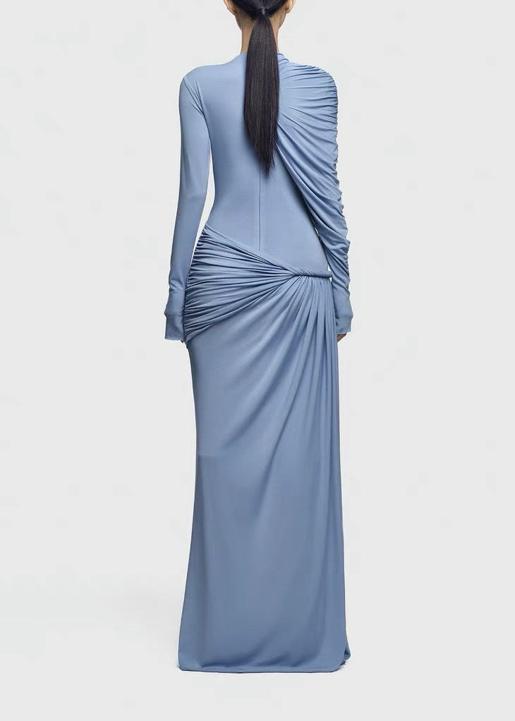 Driscoll Asymmetric Ruch Maxi Dress In Blue