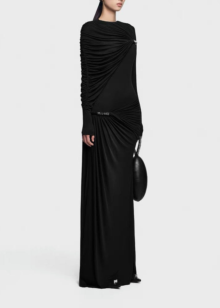 Driscoll Asymmetric Ruch Maxi Dress In Black