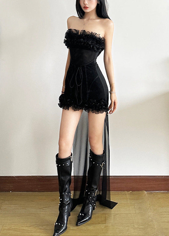 Bell Mesh Ruffle Lace Up Asymmetric Mini Dress