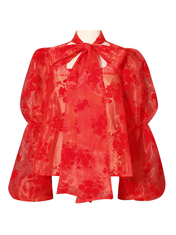 Elov Tie Up Floral Mesh Top