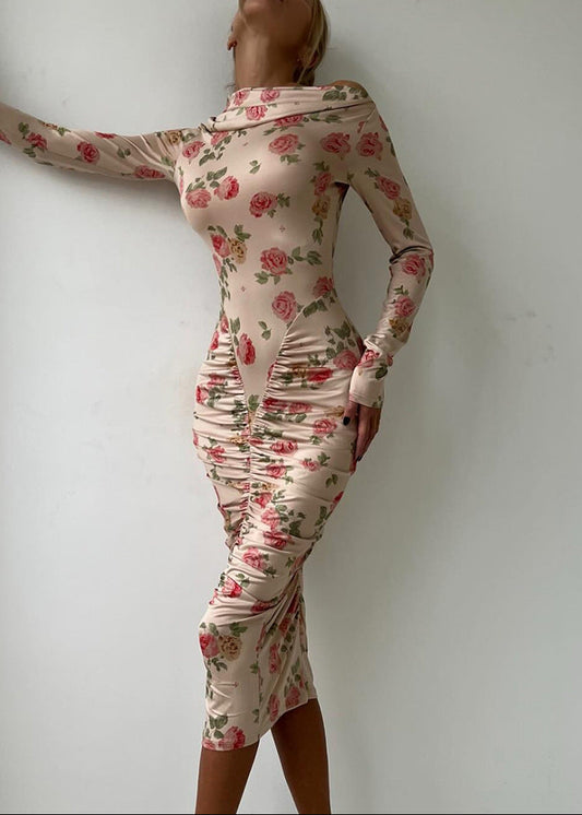 Dominika Floral Bodycon Ruch Midi Dress In Pink