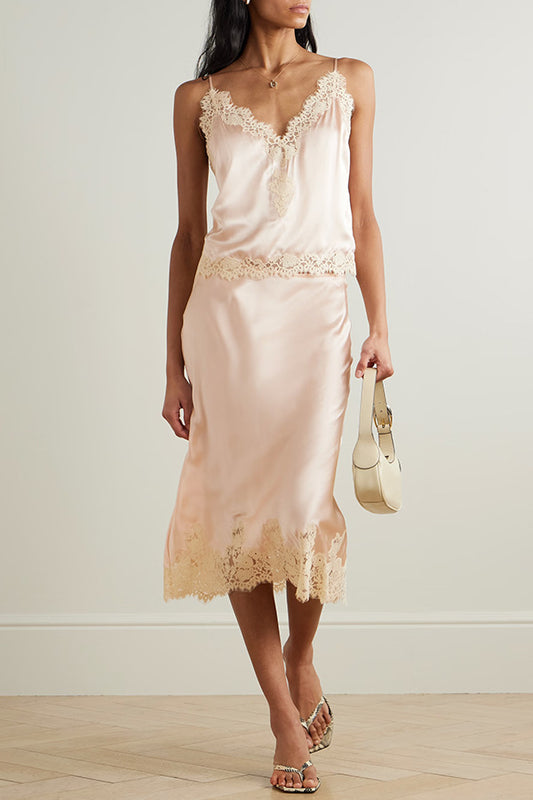 Fedir Plunge Lace Skirt Set Pink