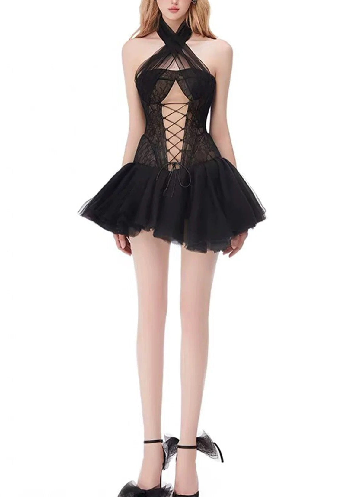 Denica Lace Up Lace Puffy Mini Dress