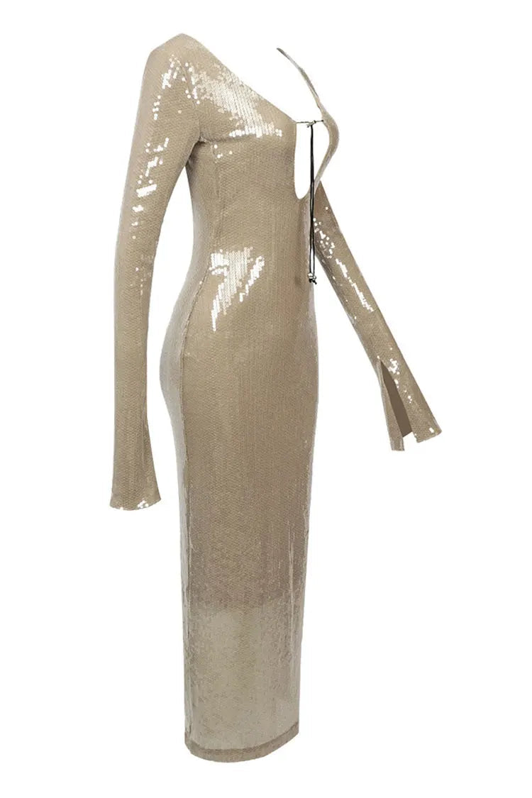 Kestrel Long Sleeve Sequin Backless Maxi Dress In Apricot