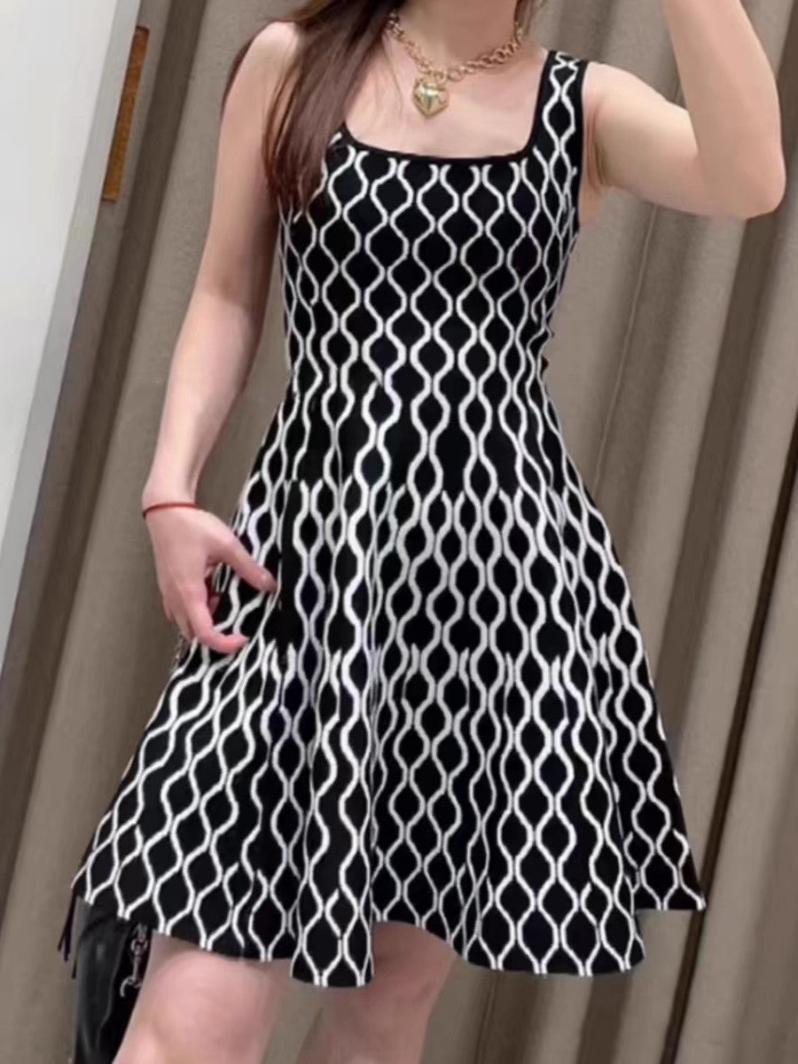 Annibale Grid Sleeveless Ruffle Knit Mini Dress