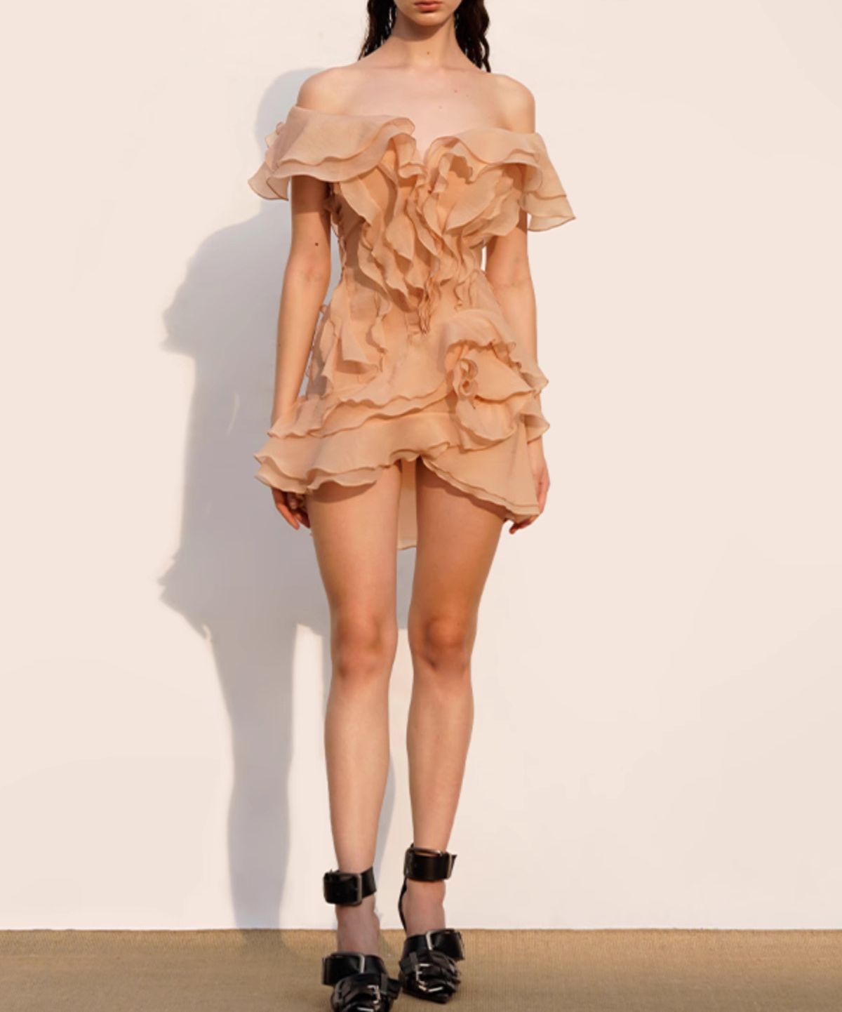 Regan V Neck Ruffle Asymmetric Mini Dress In Champagne