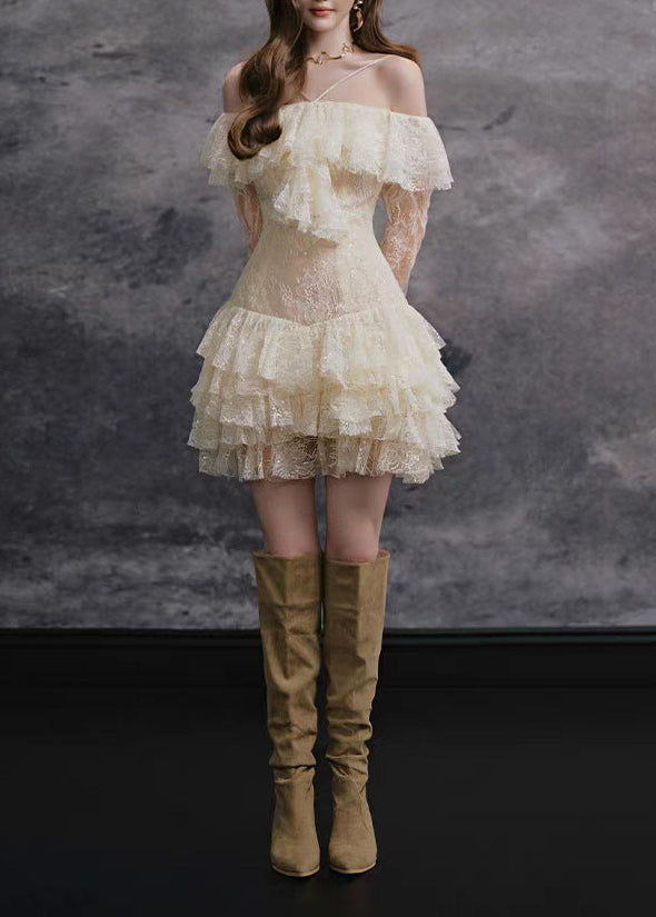 Feardorcha Off Shoulder Ruffle Lace Mini Dress