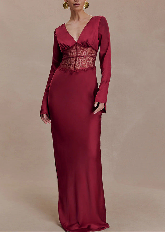 Dominick Long Sleeve Lace Plunge Maxi Dress