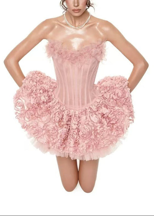 Dazbog Corset Flower Puffy Mini Dress In Pink