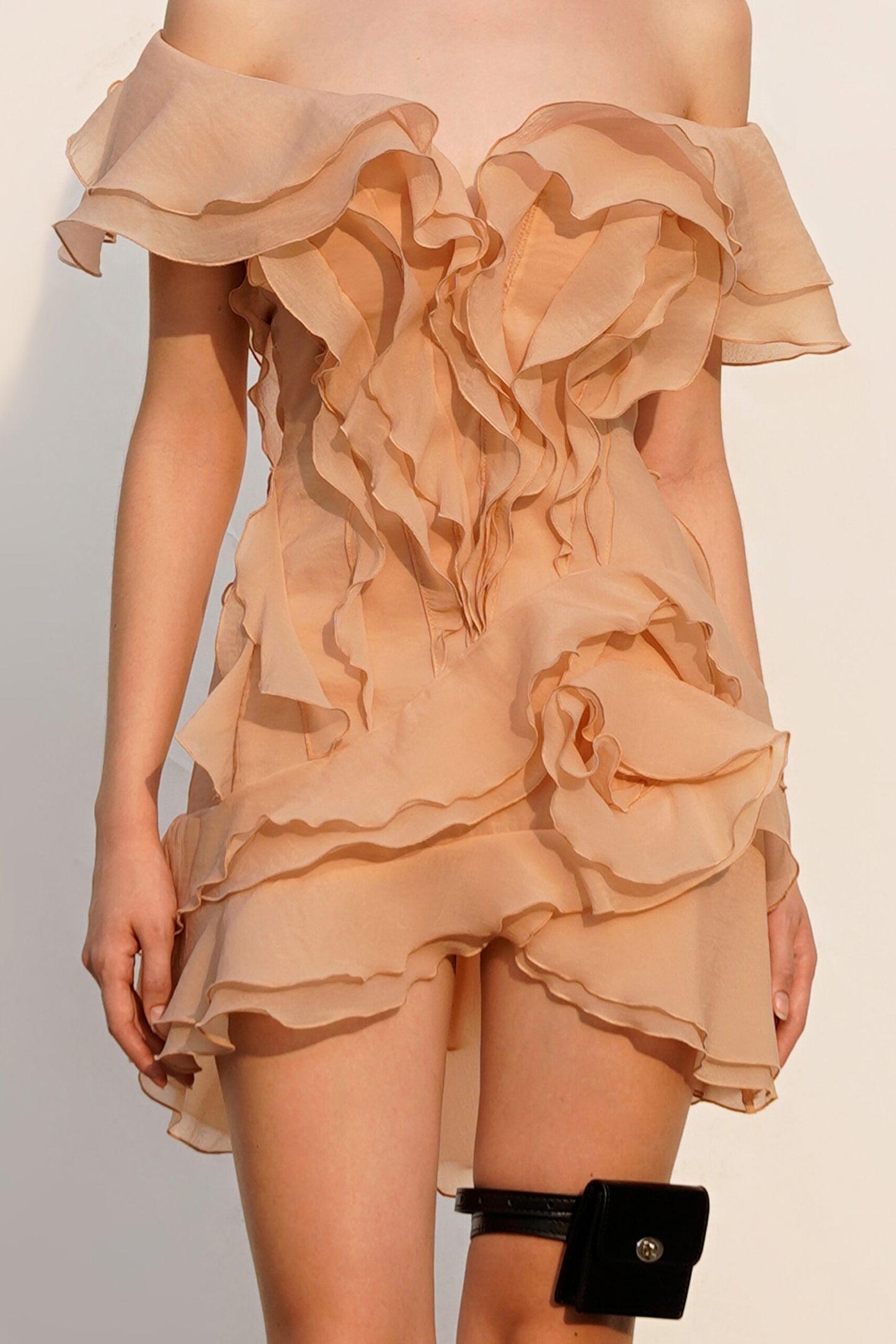 Regan V Neck Ruffle Asymmetric Mini Dress In Champagne