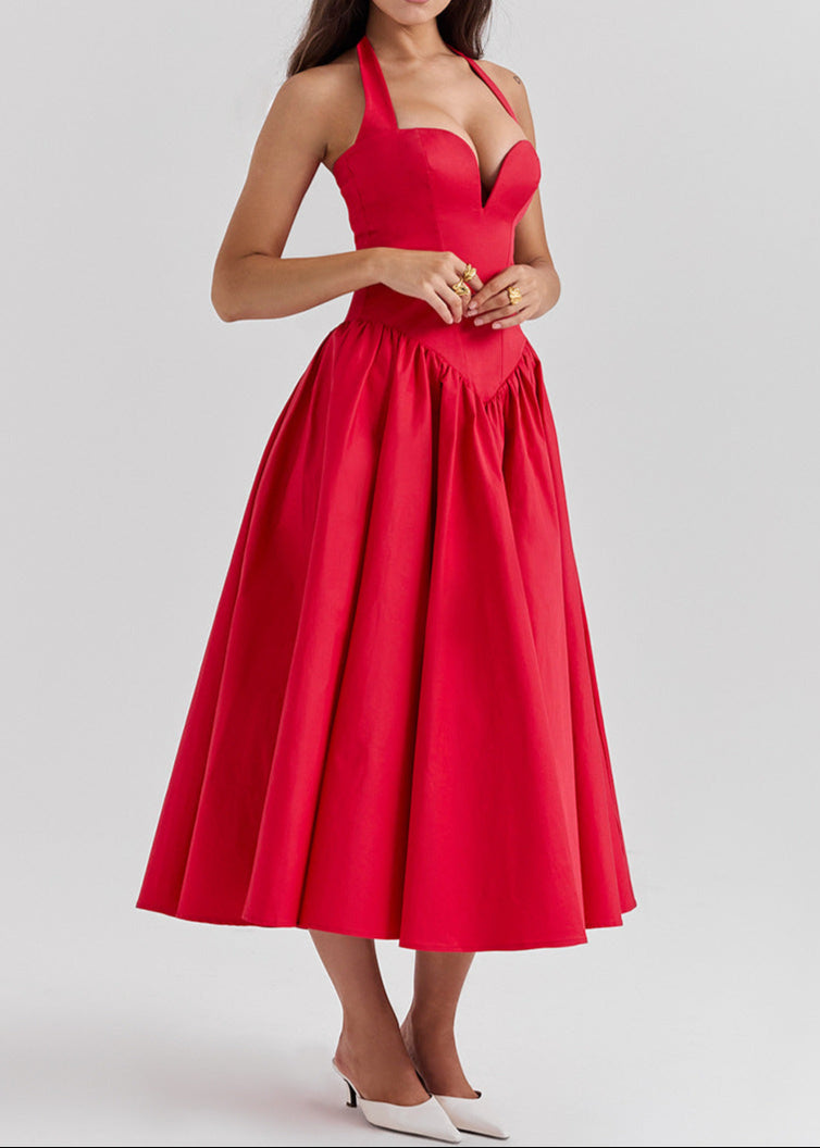 Anuj Halter Neck Bodycon Ruffle Maxi Dress In Red