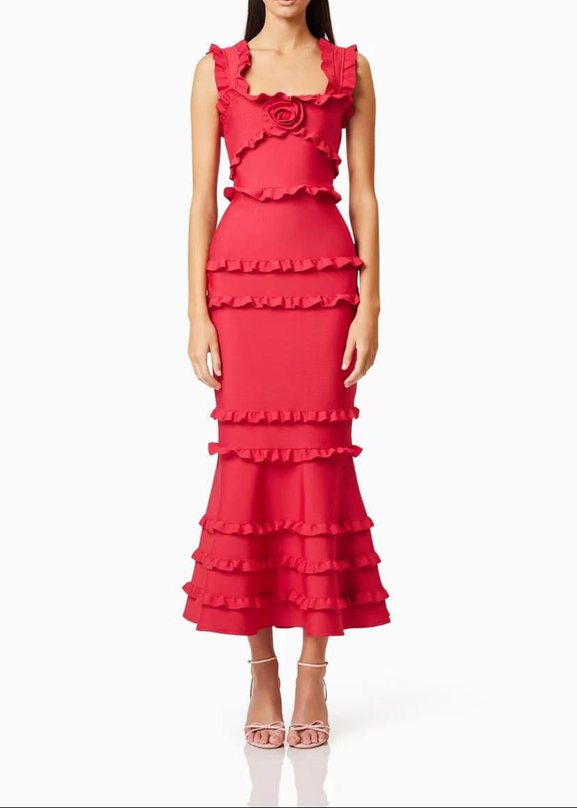 Barret Ruffle Flower Maxi Dress In Red