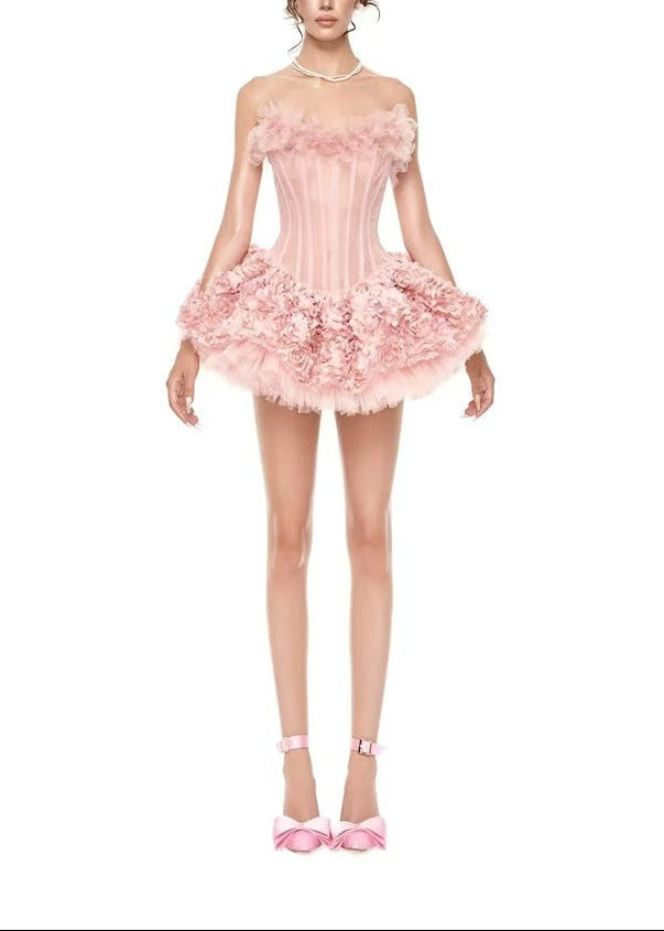 Dazbog Corset Flower Puffy Mini Dress In Pink