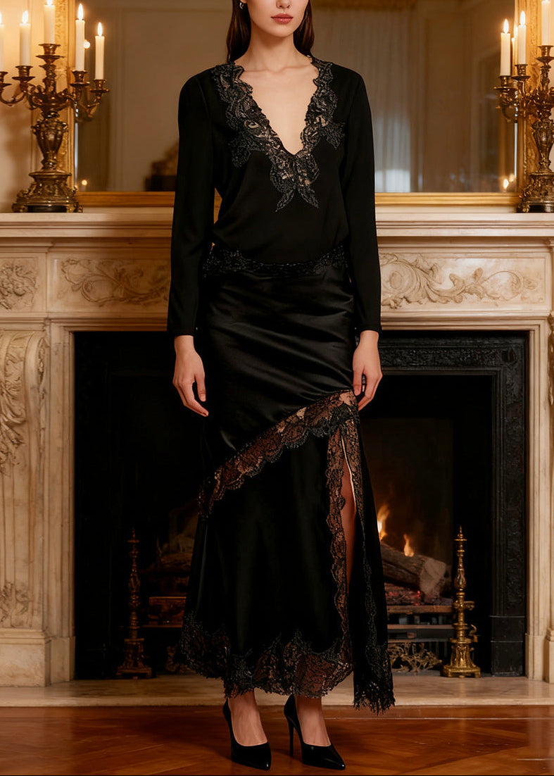 Egino Plunge Split Lace Skirt Set In Black