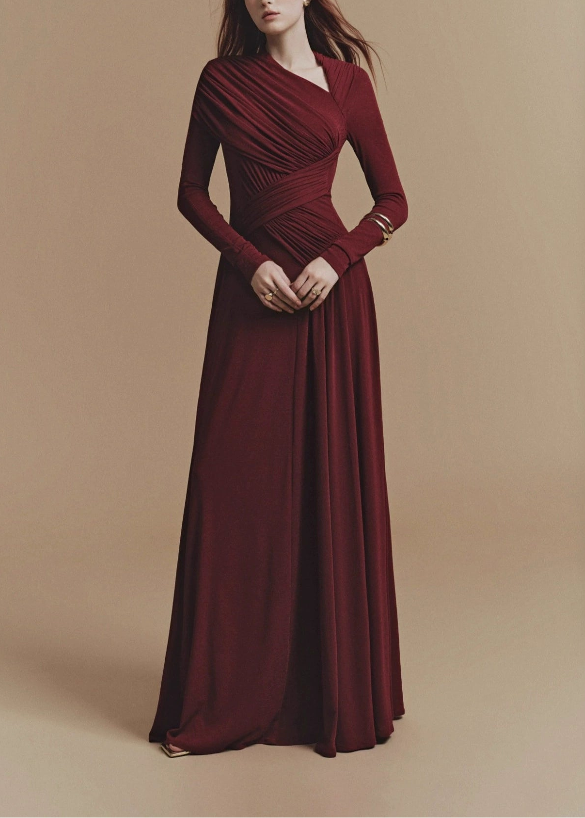 Derya Bodycon Asymmetric Ruch Maxi Dress
