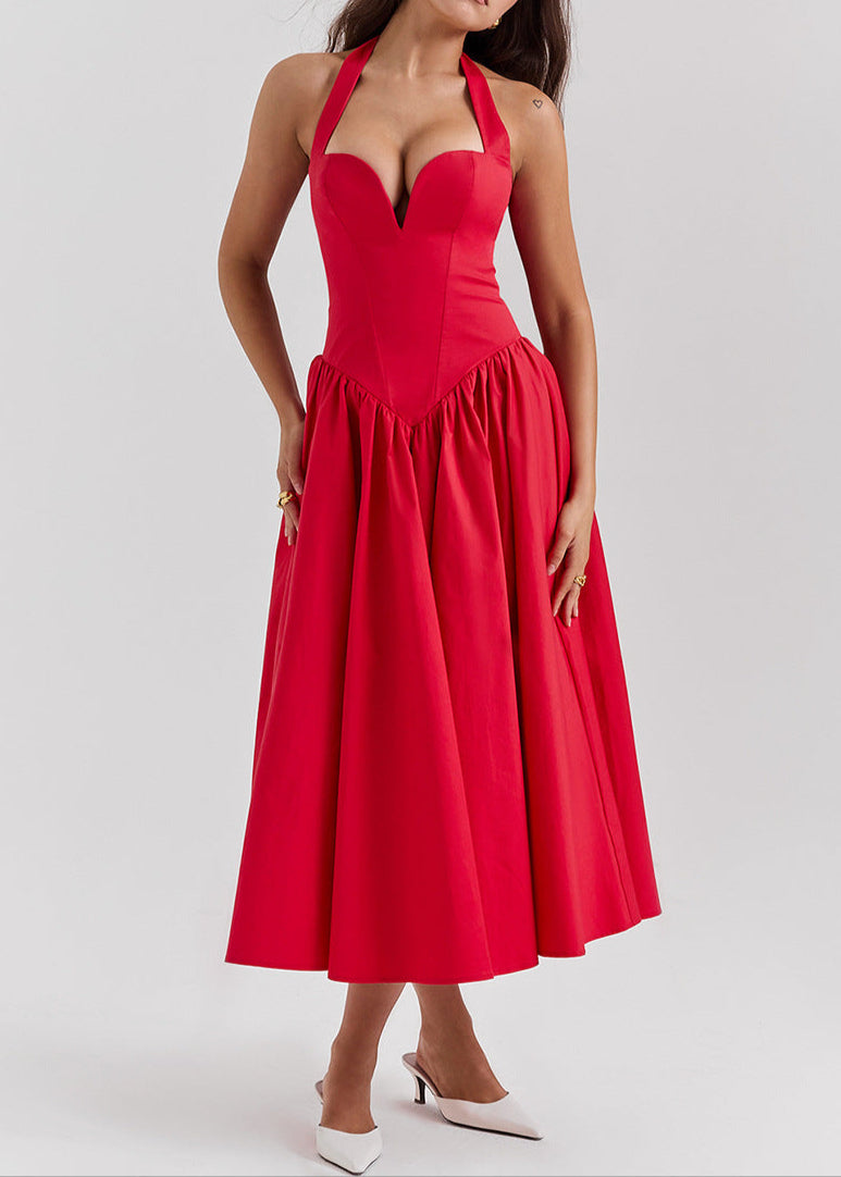 Anuj Halter Neck Bodycon Ruffle Maxi Dress In Red