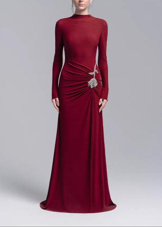 Admetus Long Sleeve Rhinestone Flower Maxi Dress In Red