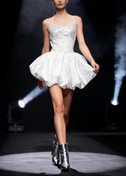 Dilek Sequin Lace Up Puffy Mini Dress In White