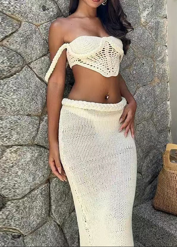 Bors Twist Cutout Knit Skirt Set In White