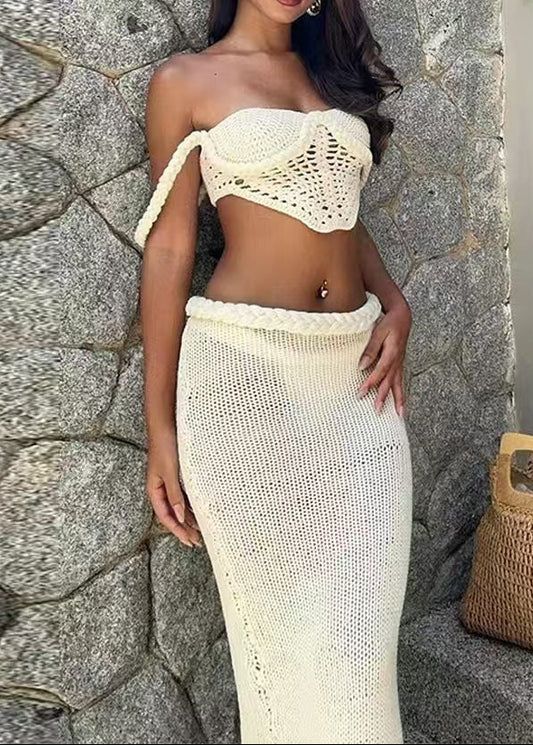 Bors Twist Cutout Knit Skirt Set In White