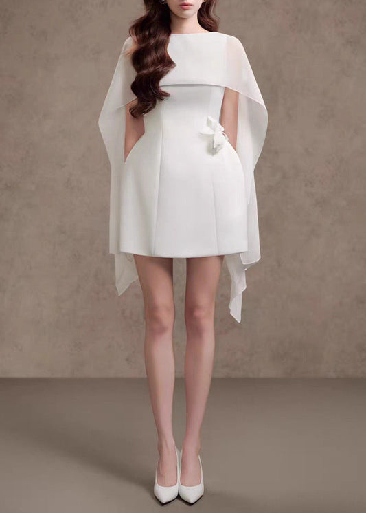 Elizabet Shawl Flower Mini Dress In White