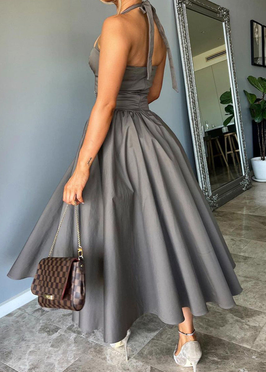 Anuj Halter Neck Bodycon Ruffle Maxi Dress In Grey