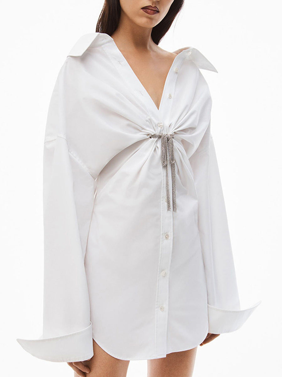 Josue Lapel Bow Mini Dress In White