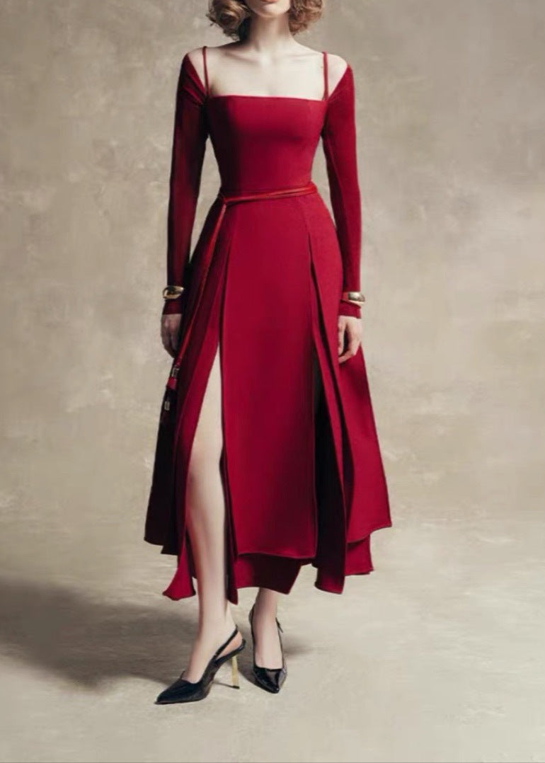 Annot Lace Up Split Maxi Dress In Red