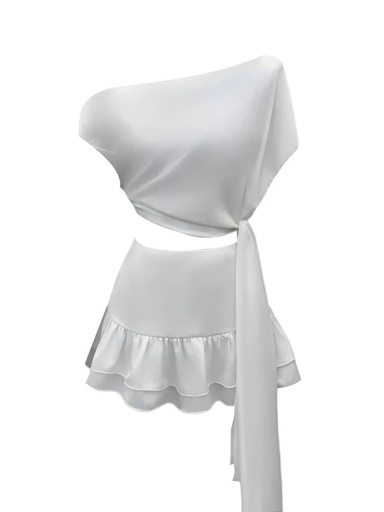 Bojidar Asymmetric Lace Up Ruffle Skirt Set