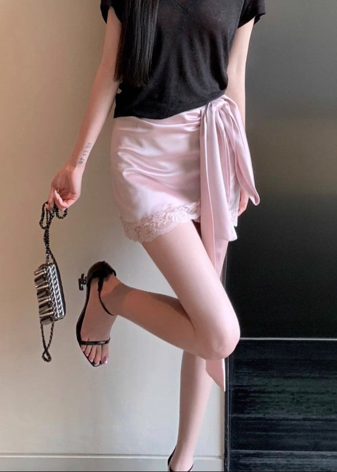 Antonina Lace Up Bow Satin Skirt In Pink