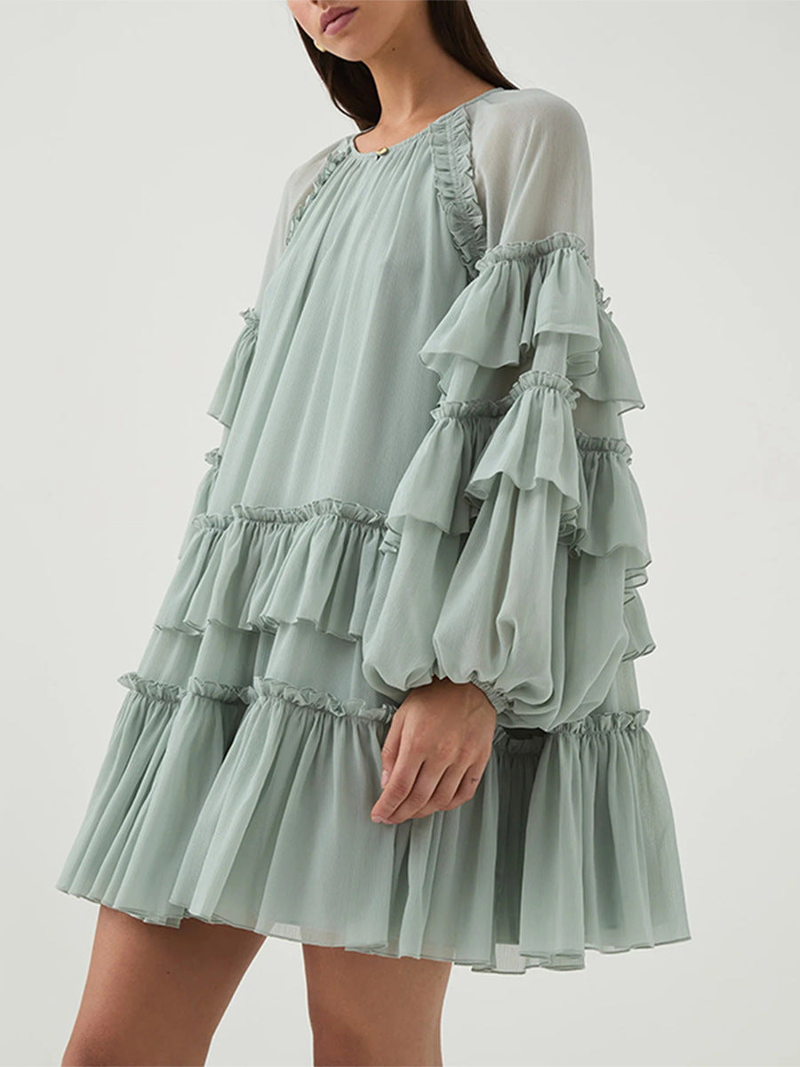 Aranrhod Balloon Sleeve Mesh Ruch Ruffle Mini Dress