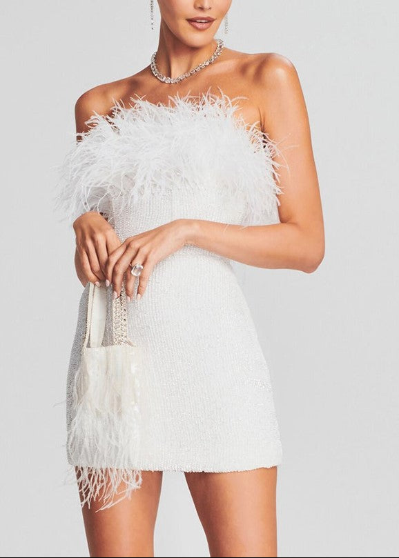 Dilbert Strapless Feather Sequin Mini Dress