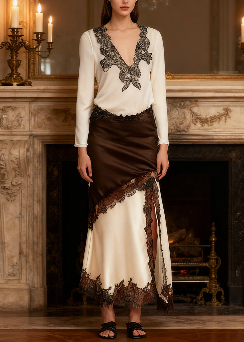 Egino Plunge Split Lace Skirt Set In Beige