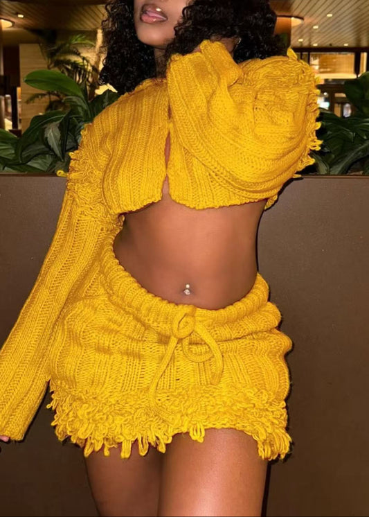 Delara Fringe Knit Skirt Set