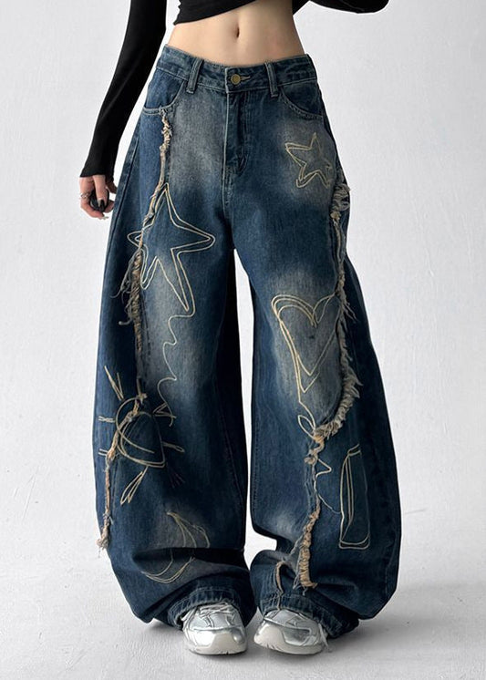 Digna Print Fringe Jeans In Blue